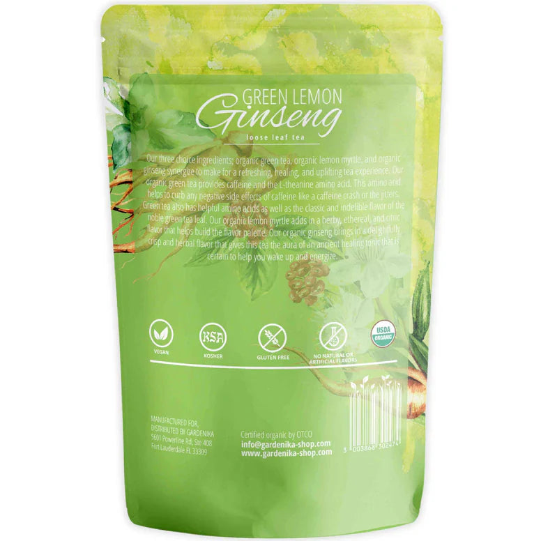 Gardenika Green Lemon Ginseng Tea, Loose Leaf, USDA Organic, 55+ Cups – 4 Oz (113g) - 