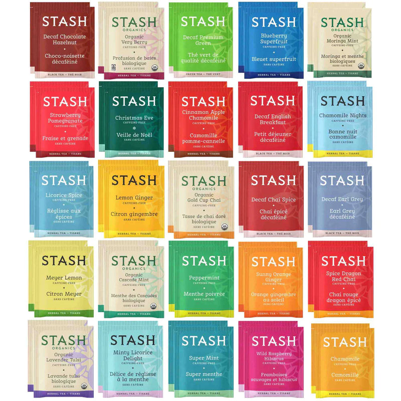 Stash Herbal and Decaf Tea Bags Sampler - Caffeine Free - 50 Ct, 25 Flavors - 