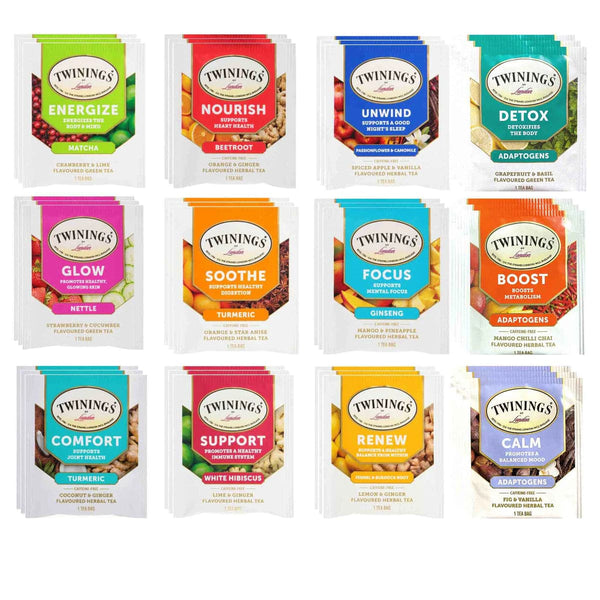 Twinings Wellness and Immunity Tea Bags Sampler - Caffeine Free and Caffeinated Assortment - 36 Count, 12 Flavors - 