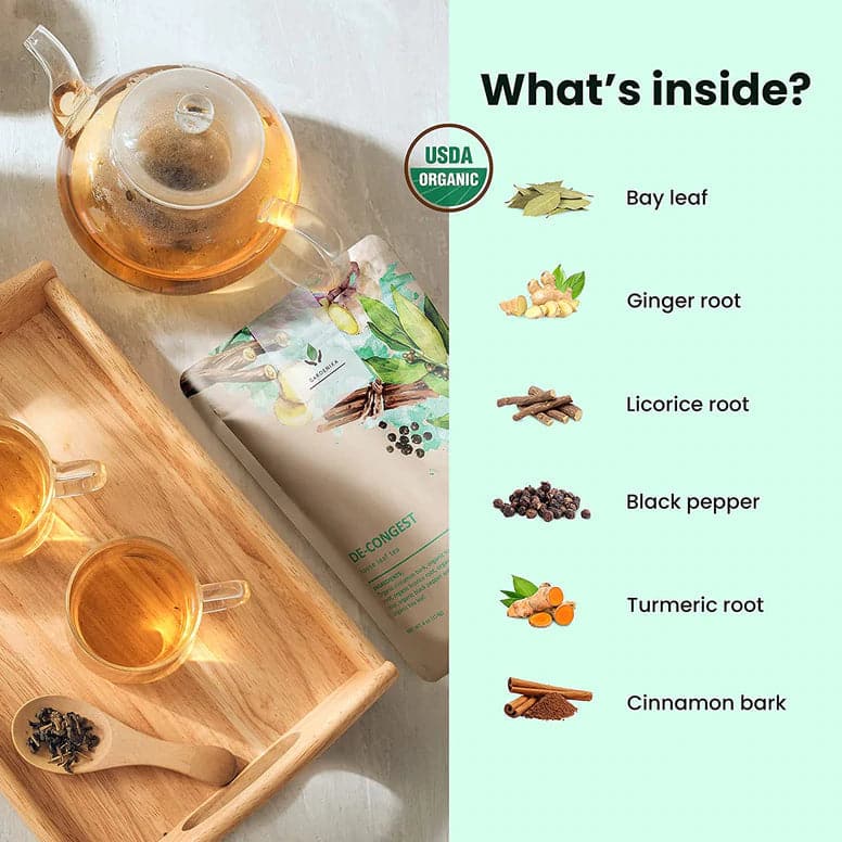 Gardenika De-Congest Loose Leaf Herbal Tea, USDA Organic, Caffeine Free - 4 oz (114g) - 