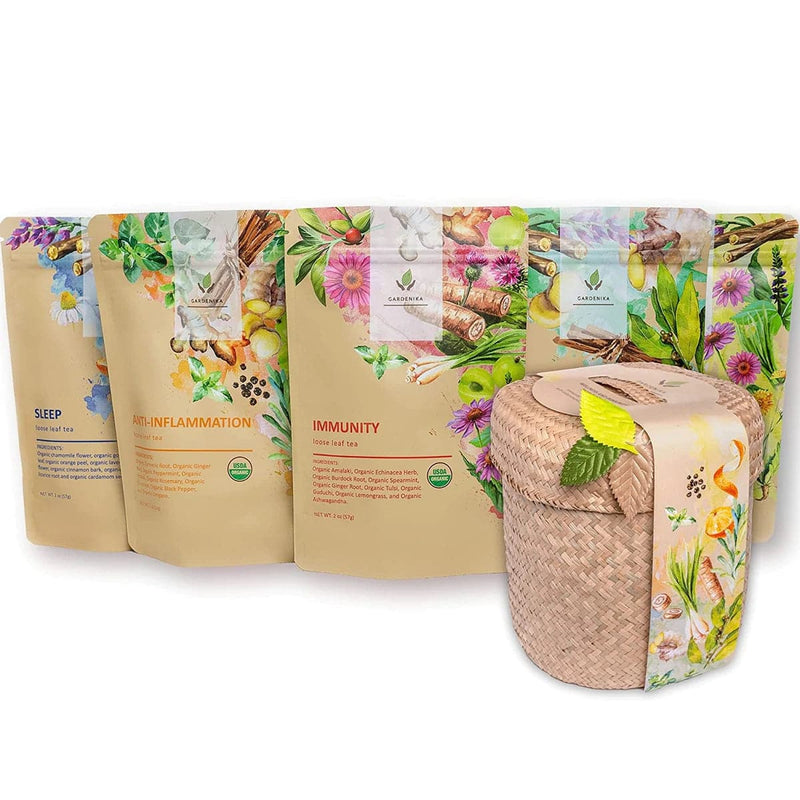 Gardenika Loose Leaf Herbal Tea Gift Set, USDA Organic, Caffeine Free, Ayurvedic, Wellness & Immune Support 120+ Cups – 5 Pack - 